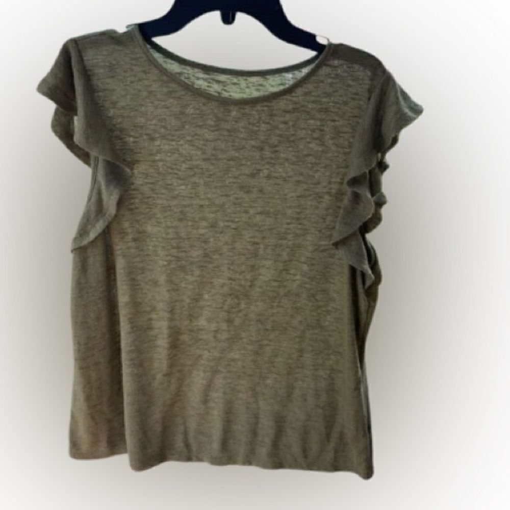 A New Day ruffle sleeve top, olive green, 57% rayon, 43% polyester, flattering t